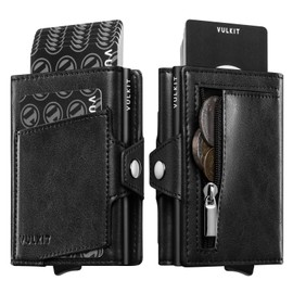 VULKIT Wallet for Men with Pop Up Card Holder 10-12 Cards, Trifold RFID Blocking Credit Card Wallet with ID Window, Cash Slot, Zip Coin Pocket, Minimalist Smart Compact Metal Aluminum Card Case