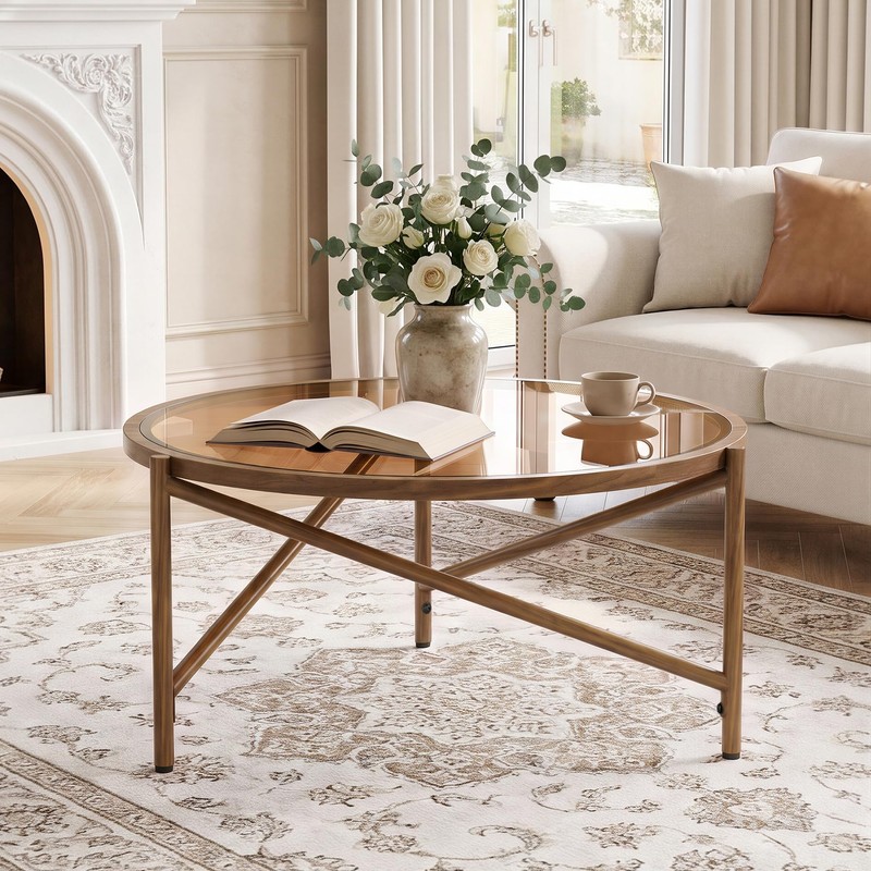 Round Coffee Table, 31.5" Glass Top Center Table Metal Frame,
