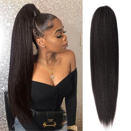 UAmy hair Long Yaki Straight Drawstring Ponytail for Black Women 26inch Yaki Straight Pony Tail Clip in Hairpiece Synthetic Kinky Straight Ponytail hair Extension(2# Natural Black)