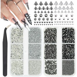 qiipii Metallic Black Silver 3D Mini Metal Punk Bullet Rivet Nail Charms Flat Bottomed Alloy Pointed Cone Spike Nail Art Rhinestones Pearls Gems Studs Steel Beads Balls for Acrylic Nails Goth Manicure