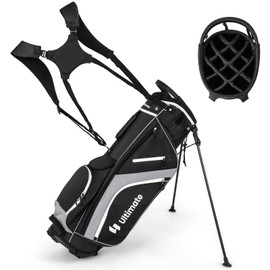 GYMAX Golf Stand Bag, 14 Way Golf Bag with 6 Pockets, Dual Shoulder Strap, Rain Hood & Umbrella Holder, Lightweight Portable Golf Clubs Bag for Men Women (Grey)