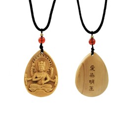 [SHOESDQ] Wooden Aizen Myoo Pendant Necklace, Tsuge Plant, Boxwood, [Protection Honzon] (Width 1.1 x Length 1.6 inches (27 mm) x Length 1.6 inches (40 mm), Good Luck Amulet, Love Luck, Amulet