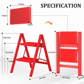 DIAMONDFORGE 2 Step Ladder, Folding Step Stool with Anti-Slip Wide Pedal, Anti-Slip Feet, Sturdiest Steel Construction, 600lbs Capacity Steel Ladder for Home and Office, Red