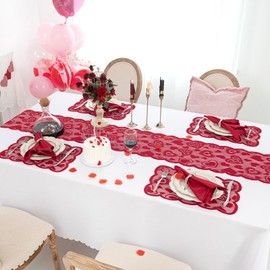 Joyfol Day Red Heart 5 Pcs Lace Valentines Day Table Runner (13 x 72 Inch) and Placemats(12 x 18 Inch),5 Pcs Table Decorations Sets,Valentines Decor for Home Wedding Anniversary Mother's Day Party