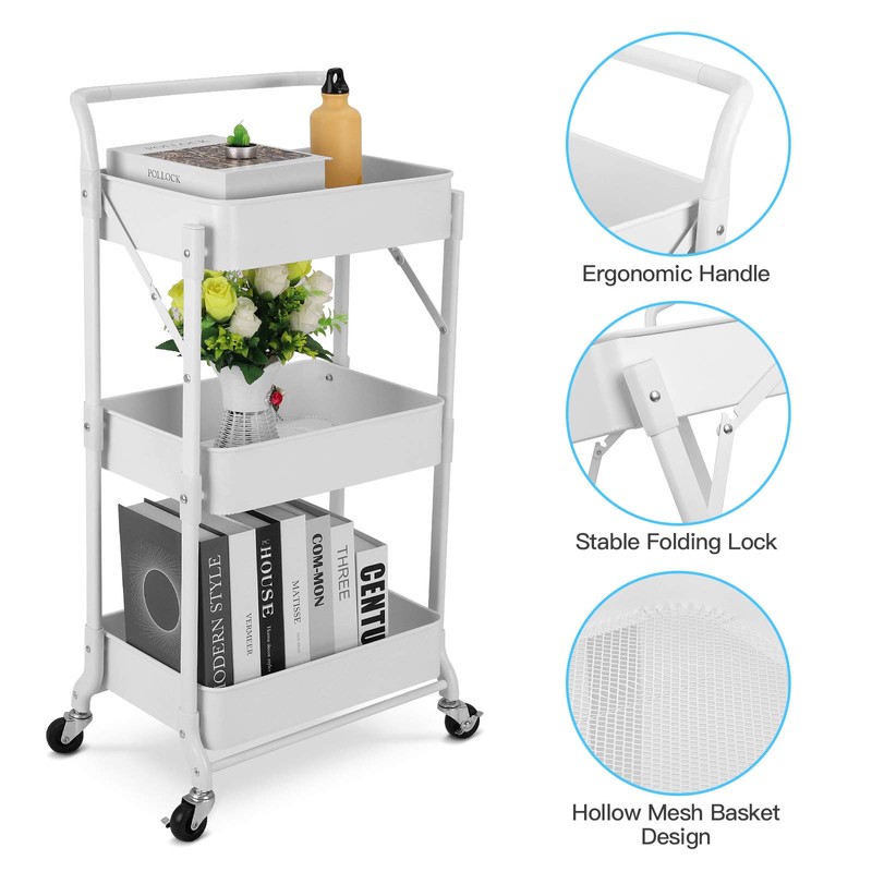 johgee Foldable 3 Tier Metal Utility Rolling Cart, Folding Mobile