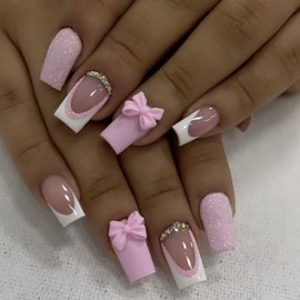 French Tip Press on Nails with Charms Short Fake Nails, French Nails Press ons Cute Pink Bow Stick on Nails Medium Square Shape Glossy Sparkly Full Cover Glue on Nails for Women Daily Wear 24 pieces