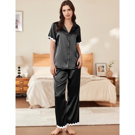Ekouaer Womens Silk Satin Pajamas Set Button Down 2 Piece Pjs Short Sleeve Long Pants Sleepwear Lounge Set, Black, XXL