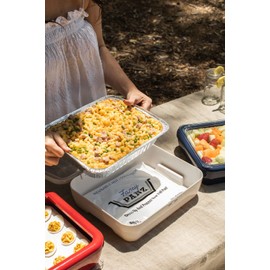 Fancy Panz Premium Dress Up & Protect Your Foil Pan, Made in USA. Hot/Cold Gel Pack, One Half Sized Foil Pan & Serving Spoon Included. Stackable for easy travel. (Green)