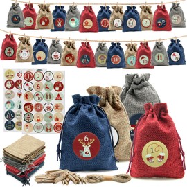 Advent Calendar for Filling, 24 Pieces Christmas Calendar for Filling, Advent Calendar 2023 Children with 10 m Twine and 48 Advent Numbers Stickers, DIY Fabric Bag Christmas Calendar Bags (4 Colours)