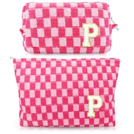 Giesiery 2 Pack Checkered Makeup Bag Cosmetic bags for Women Girls Initial Large Capacity Travel Toiletry Bag Cute Aesthetic Accessories Storage Bag