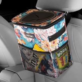 HOTOR Car Trash Can with Lid and Storage Pockets - 100% Leak-Proof Organizer, Waterproof Garbage Can, Multipurpose Trash Bin for Car, 2 Gallons, Blue Flower