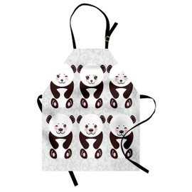 Lunarable Panda Apron, Kawaii Funny Panda Muzzle with Pink Cheeks and Big Black Eyes on Floral Theme Picture, Unisex Kitchen Bib Apron with Adjustable Neck for Cooking Baking Gardening, Brown Grey