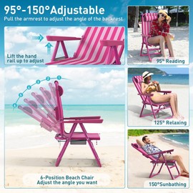 Suteck Backpack Beach Chair, 6-Positions Beach Chairs for Adults with Cooler Bag, Reclining Beach Chair with Cup Holder Folding Camping Chair for Sand Outdoor