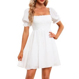 Holipick Women White Square Neck Cute Summer Casual Dresses Graduation Puff Short Sleeve Flowy Sundress Babydoll Short Dress Teen