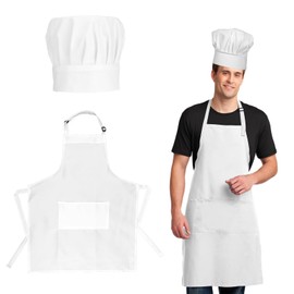 Xthrotsenk Pack of 2 Cooking Apron and Hat Adjustable Cooking Apron with 2 Pockets Women Men Kitchen Apron Baking Apron Baker Costume Apron for Kitchen, Restaurant, Cafe