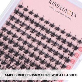 KISSXIAOYA Eyelash Extension, DIY Custom Cluster Eyelash Tool Set (144 Pieces Curl Eyelashes, MaiSui Mixed 9-15 mm Spire Wheat Eyelashes)
