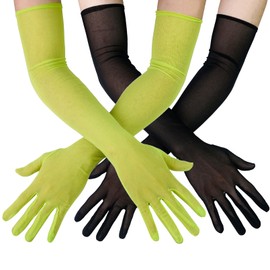 Luwint 2 Pairs Fine Mesh Long Gloves for Opera Dress Party Cosplay (Black/Green)