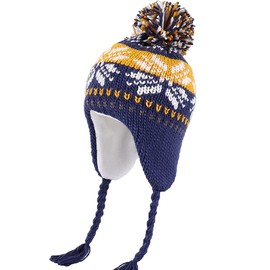 YAMEE Girls' Winter Hat with Ear Flaps Warm Colourful Knitted Hat Girls with Soft Polar Fleece Lining, Light Baby Hat Classic with Bobble Beanie Girl Hat for Outdoor Activities Autumn Winter, darkblue