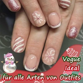 Pack of 24 Christmas False Nails - Pink French Christmas Stripes Design, Christmas False Nails Full Cover Artificial Nails with Nail Glue, Artificial Nails Press On Nails for Women (Pink Stripes)