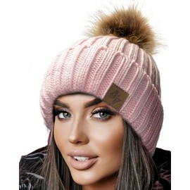4sold Men's Women's Worm Winter Style Beanie Knitted Hat with Fur Pom Pom Bobble Hat Knitted Bobble Hat Plain Ski Pom Wooly with Full Cosy Fleece Lining -