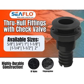 SEAFLO 1”, Black (1-Pack) Thru Hulls Fitting Thru-Hull with Check Valve, Polypropylene + Glass-Filled Nylon, 4-Year Warranty