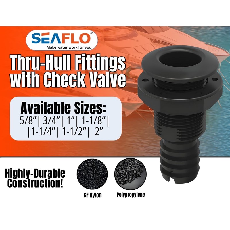 SEAFLO 1”, Black (1-Pack) Thru Hulls Fitting Thru-Hull with Check