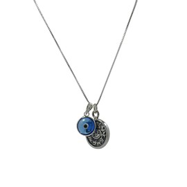 Silver Coin Protection Charm Necklace - 20" Silver Box Chain with Blue Evil Eye Glass Charm - Unisex Pendant for Protection - Includes Cotton Pouch & Explanation Card
