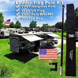The Traveler RV Ladder Flag Pole Kit. Includes Steel RV Flagpole Mount, Fits Standard 1" RV Ladders, 11ft Fiberglass Retractable Pole, A Beautiful 3'x5' US Flag And A Storage Bag.