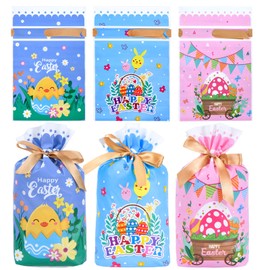 FamEaze Plastic Easter Gift Bags, 50 Pcs Drawstring Candy Bag Easter Gift Candy Bags with Bunny Colorful Egg flowers Patterns for Party Supplies, 6x9inch