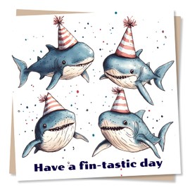 Happy Birthday Card for an Animal Lover, Shark Lover - Have a Fin-Tastic Day - Funny, Humorous, Playful, Shark Design - For Friend, Child, Kid, Grandchild, Grandson, Granddaughter
