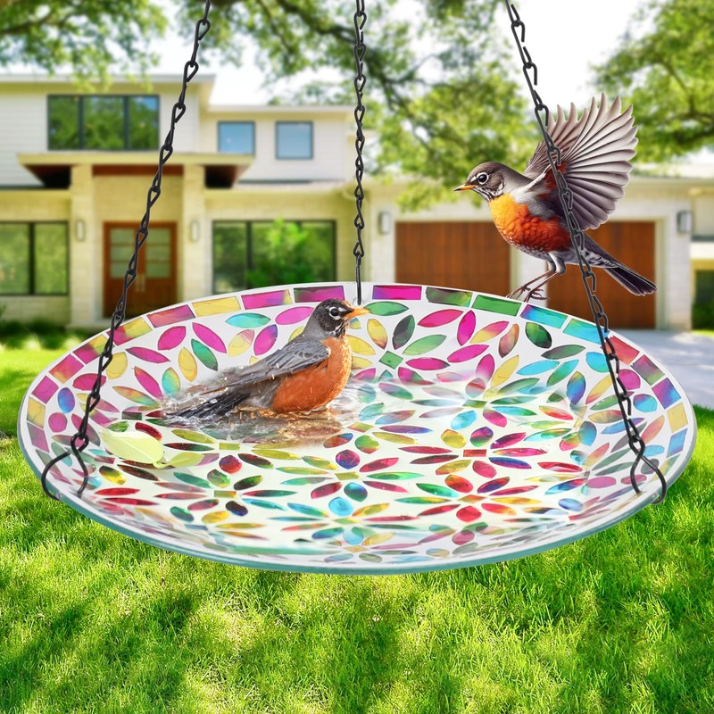 VCUTEKA Hanging Bird Bath, Glass Mosaic Bird Baths for Outdoors