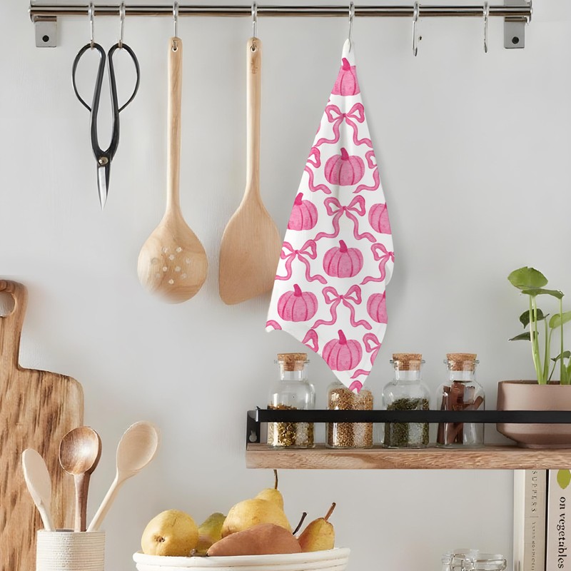 BUJSP Pink Coquette Bow Pumpkin Fall Kitchen Dish Tea Towels,