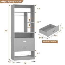 Homieasy 24" Wooden Closet System with 2 Wood Drawers & 6 Storage Shelves & 1 Hanging Rod - Gray