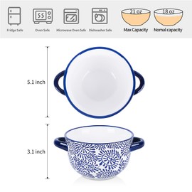 Selamica Ceramic Soup Bowls with Handles, French Onion Soup Crocks 20 OZ, Oven Safe Soup Bowls for French Onion, Chili, Beef Stew, Cereal, Pot Pies, Set of 4, Vintage Blue