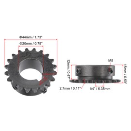 sourcing map Sprocket with 20 Teeth Type B Single Strand 1/4 Inch Pitch 20 mm Bore Black Oxide Carbon Steel C45 with 2 Adjusting Screws for ISO 04C