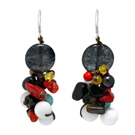 Cute Multicolor Stone Black .925 Sterling Silver Cluster Earrings