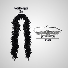 KRYMSON 1 Black Feather Strip and 1 Lace Eye Mask, Feather Boa, Feather Python Stripes in Black, Suitable for Birthday Parties, Festivals and Daily Use, black
