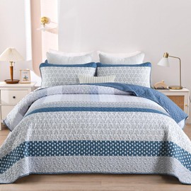 WONGS BEDDING Blue Quilt Twin Size, Bohemian Stripe Quilt Sets 2 Pieces Blue Boho Quilted Bedspread Set Lightweight Microfiber Coverlet Bedding Set All Season (68"×86")