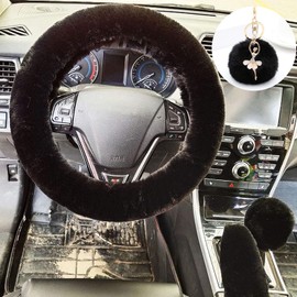 ZYNQACC 4PCS Set Fluffy Steering Wheel Covers with Handbrake Cover&Gear Shift Cover&Plush Keychain Faux Wool Furry Steering Wheel Cover For Women Auto Interior Universal Fit for 15 Inch (Black)