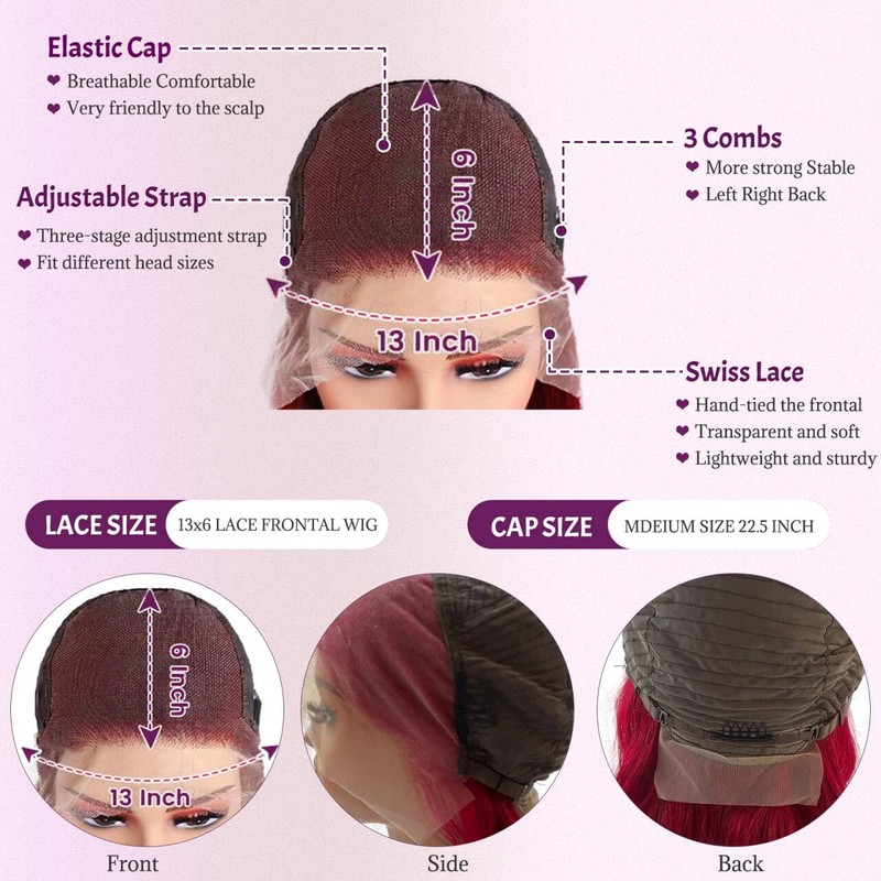 SISHAIRRO 32 Inch 99J Burgundy Lace Front Wigs Human Hair