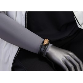 COOLSTEELANDBEYOND Men Gold Color Steel Vintage Wolf Head Three-Strand Black Braided Leather Bangle Wristband Bracelet