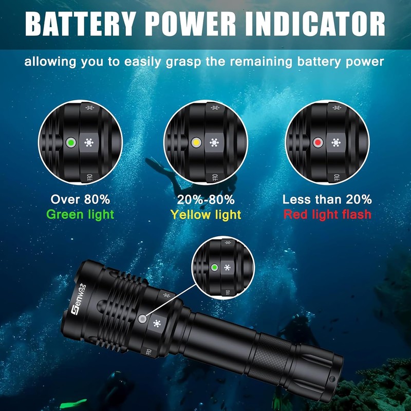 Genwiss Dive Light, 2000 Lumen Waterproof Flashlight with 5 Modes,