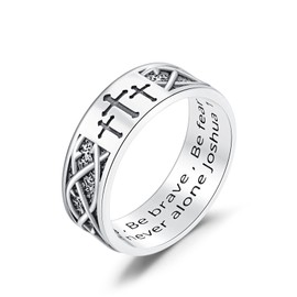 Lattd 925 Sterling Silver Cross Band Ring for Men with Joshua 1:9 Size 9/10/11 Christian Rings for Dad Son, Sterling Silver, No Gemstone