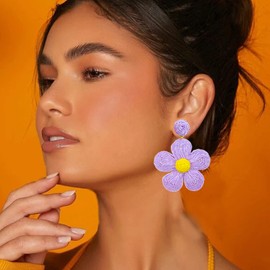 Raffia Earrings for Women Rattan Earrings Boho Raffia Straw Flower Drop Dangle Earrings Summer Beach Earrings for Teen Girls (D:purple)