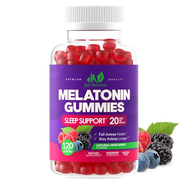 Melatonin 20mg Gummies for Adults (120 Count) - Maximum Strength Sleep Gummies with 10mg of Melatonin Per Gummy - Gluten-Free, Non-GMO, Vegetarian, Great Tasting Mixed Berry Flavor - 60 Servings