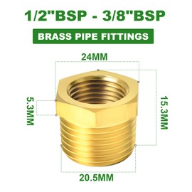 TAISHER 5 Pcs Brass Reducer Hex Bushing Threaded Pipe Fitting 1/2" BSP Male x 3/8" BSP Female Adapter, for Water Oill Air Gas