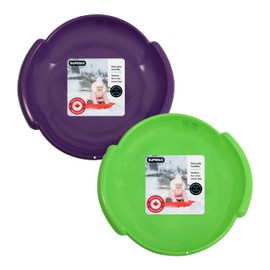 Superio Round Snow Saucer Sleds- 24" Plastic Disc Sleds for Kids and Adults- Heavy Duty Sled Discs with Handles for Downhill Sledding, Winter Outdoor Sports, 2 Pack (Green-Purple)