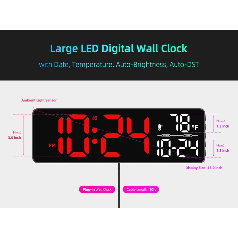 Large LED Digital Wall Clock with Date, Temperature, Auto-Brightness, Auto-DST