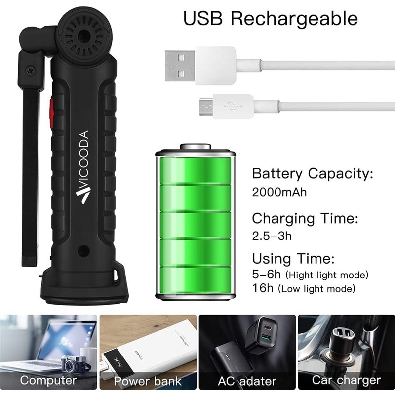 VICOODA Rechargeable LED Work Light with Magnetic Base, USB 360°
