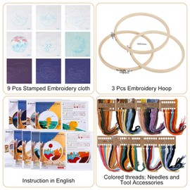 Daifunli 9 Pack Embroidery Kits for Beginners Adults, Stamped Cross Stitch Starters Kits for Adults with 3 Embroidery Hoops and Fabric, Needles Threads, Instruction and Video, Hand Embroidery Kit